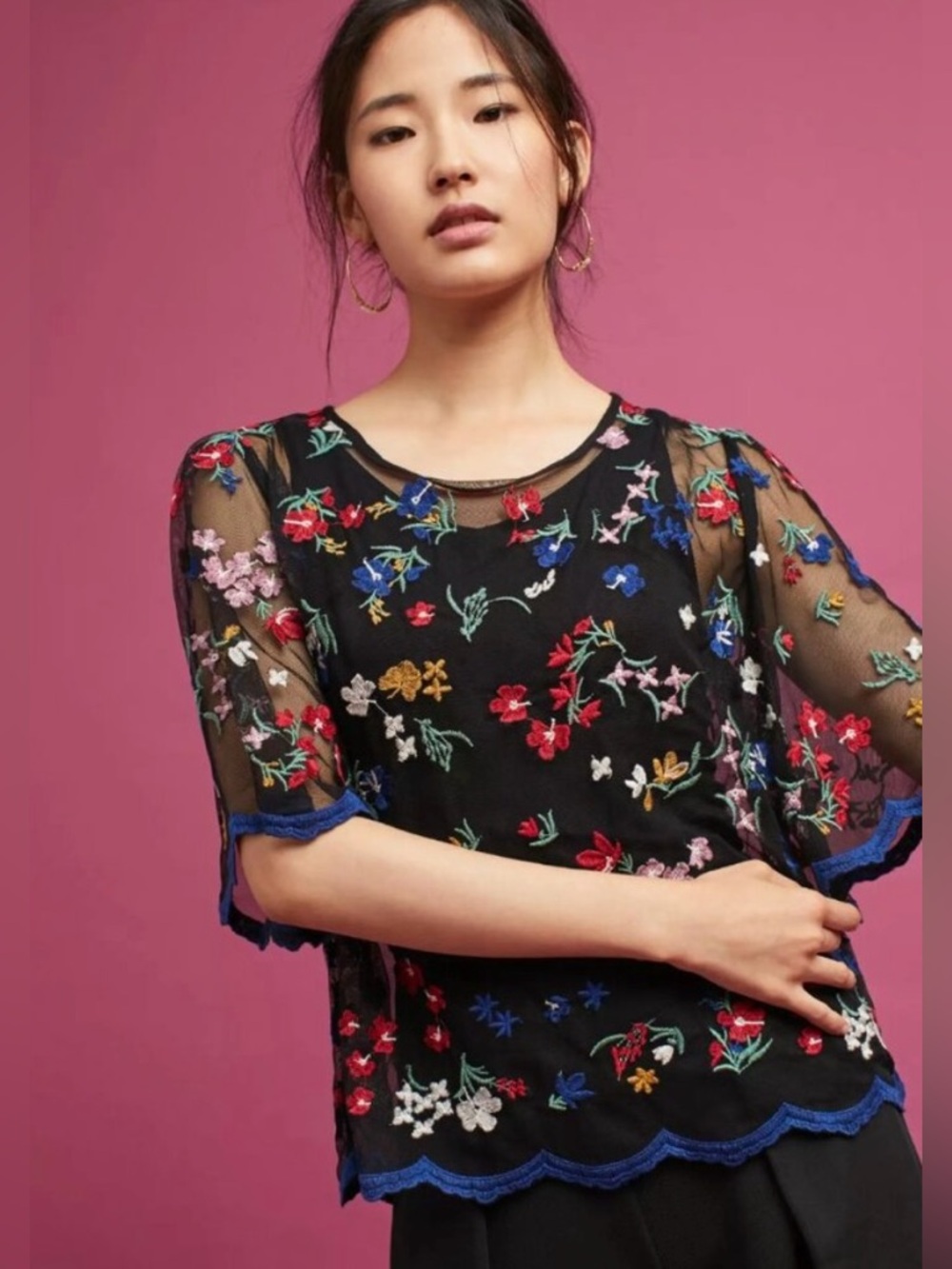 Maeve Anthropologie Meadows Embroidered Sheer Mesh Floral Top NWT